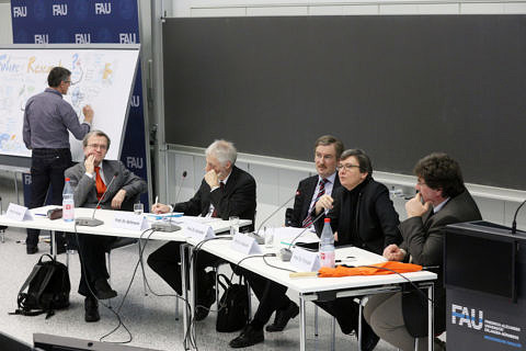 The University launched celebrations for the anniversary year with an academic symposium on 'Future of Research – Research of the Future'. An interdisciplinary approach was taken, with researchers from all disciplines at FAU joining international colleagues to cast a glance at the future of research. (Image: FAU/Kurt Fuchs)