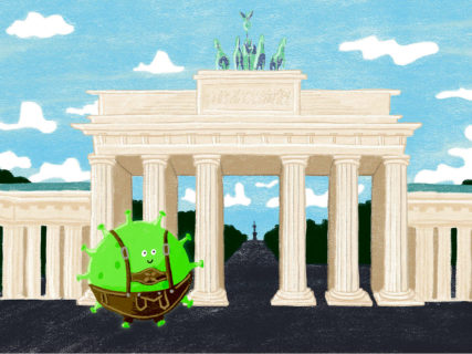 An illustration of the coronavirus in front of the Brandenburg Gate.
