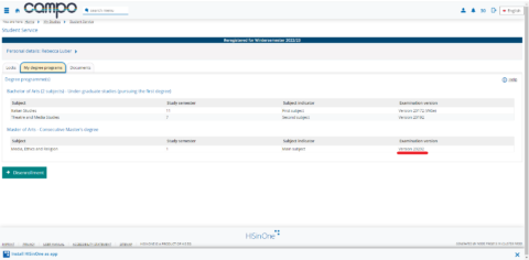 This screen displays the degree program and the relevant version of the degree program and examination regulations. (Image: Rebecca Luber/FAU)
