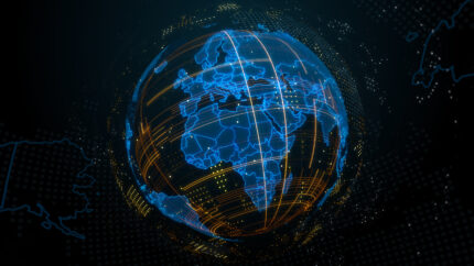 3d render abstract globe with detailed textures. Alot of particles. Countries borders are visible. Digital tech concept.