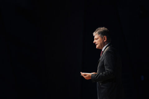 The FAU Dies Academicus 2025: Speech by FAU President Joachim Hornegger. (Image: FAU/Giulia Iannicelli)